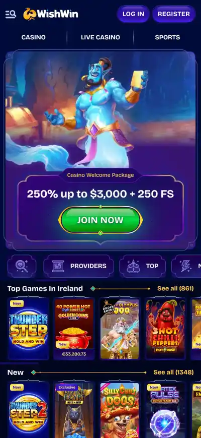 WishWin mobile website showing casino navigation on a smartphone