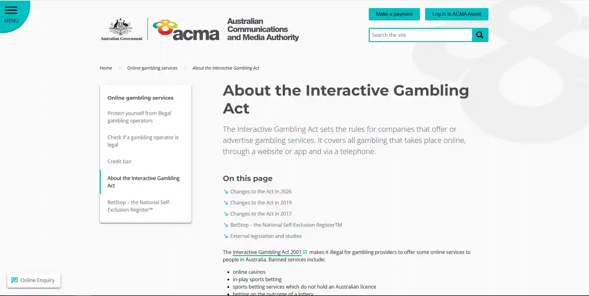 ACMA information explaining Australia's rules for online gambling services