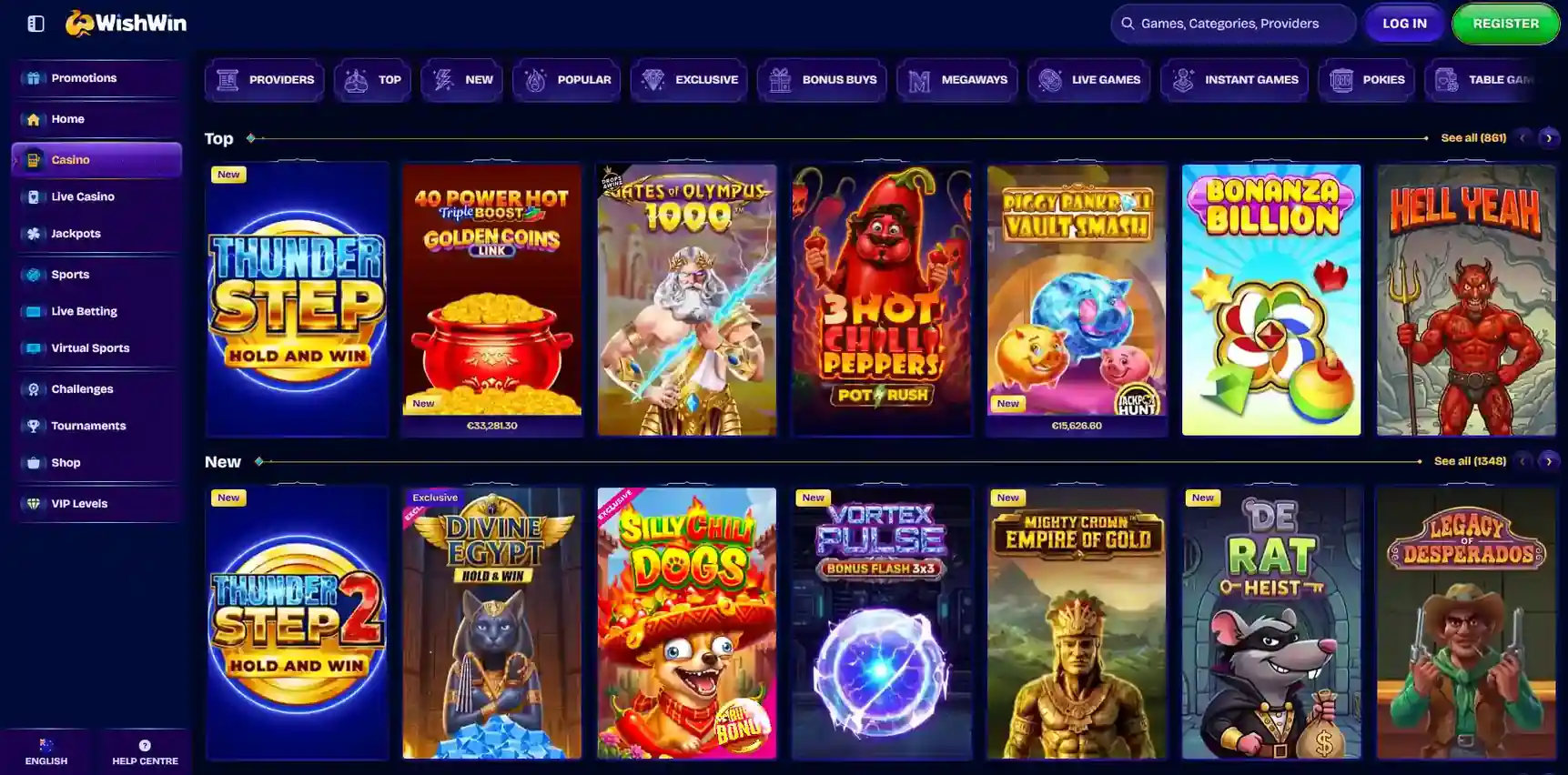 WishWin casino lobby showing pokies, table games, live casino and jackpot categories