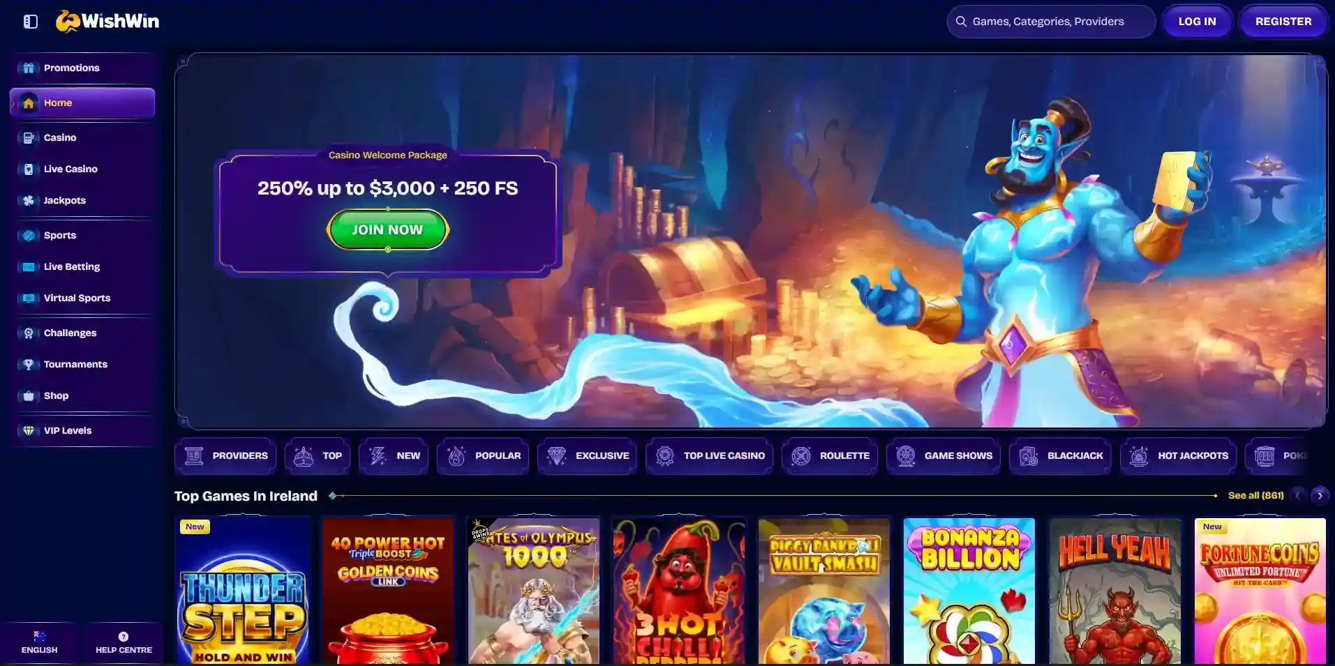 WishWin Australia page showing the casino interface and navigation