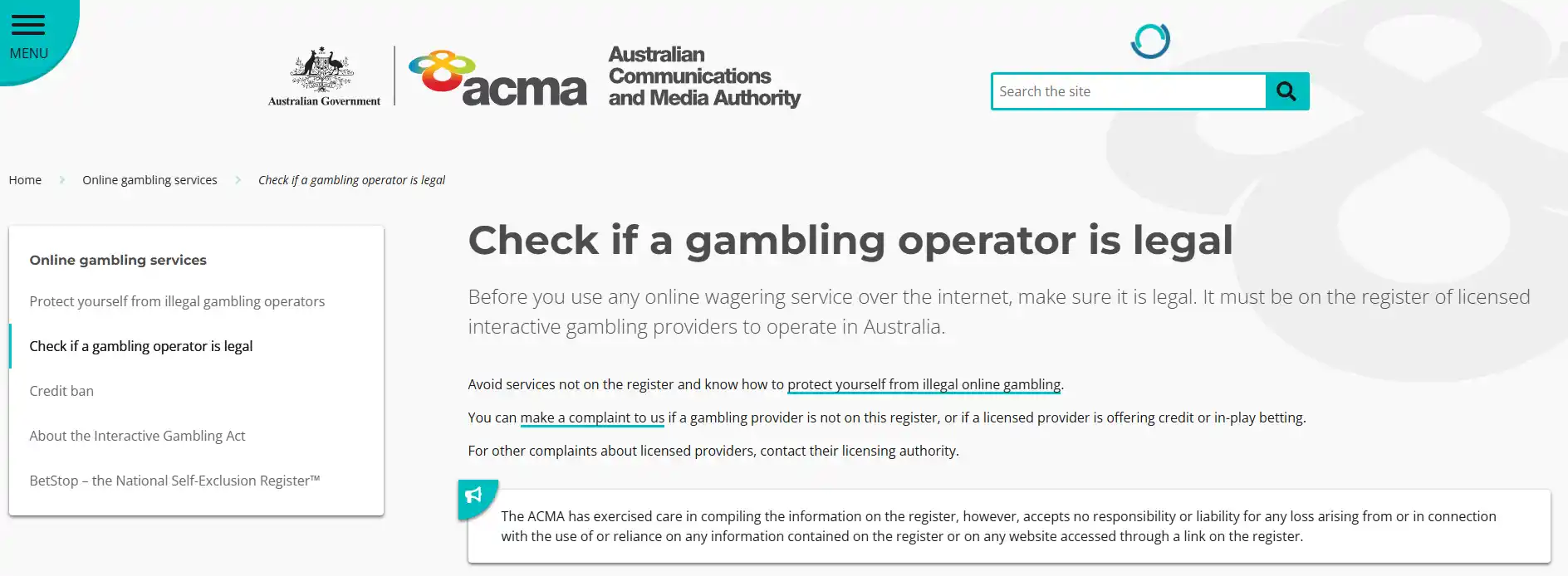 ACMA guidance and licensed interactive gambling provider information for Australian players
